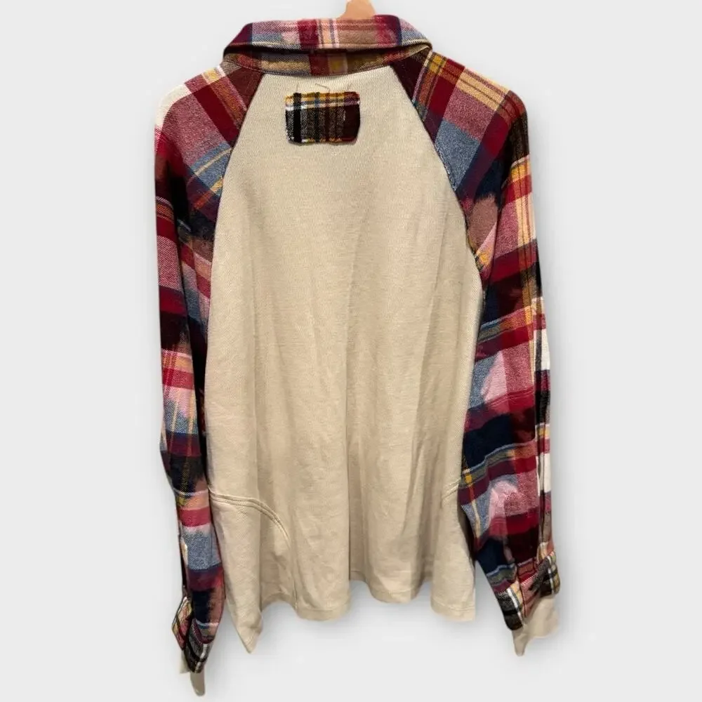 NEW FREE PEOPLE Isabelle Plaid Trim Thermal Henley In Mink Combo Size Large